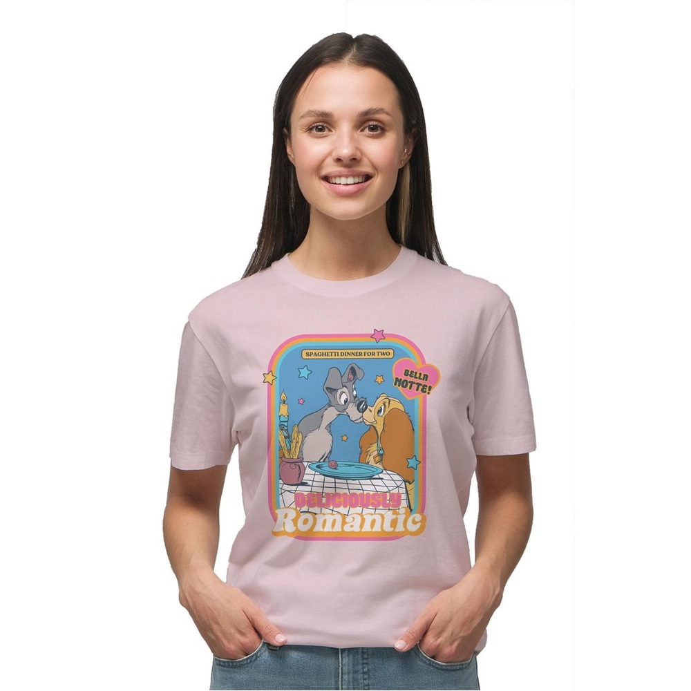 Disney Lady and the Tramp T-Shirt - Pink Iconic Spaghetti Scene - Size Medium